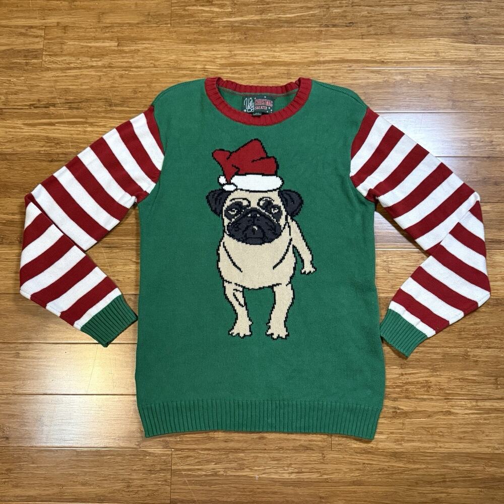 Ugly Christmas Sweater Pug Dog Santa Hat Size L Green Red White Striped Sleeves
